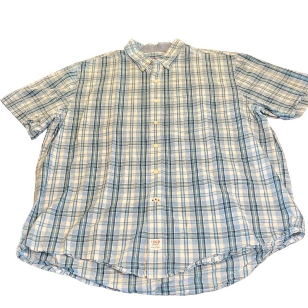 IZOD Saltwater Button Down Short Sleeve Blue Plaid Size XL